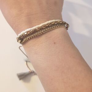 782 Double Gold Chain White‎ Beaded Adjustable Slider Bracelet with Gray Tassels